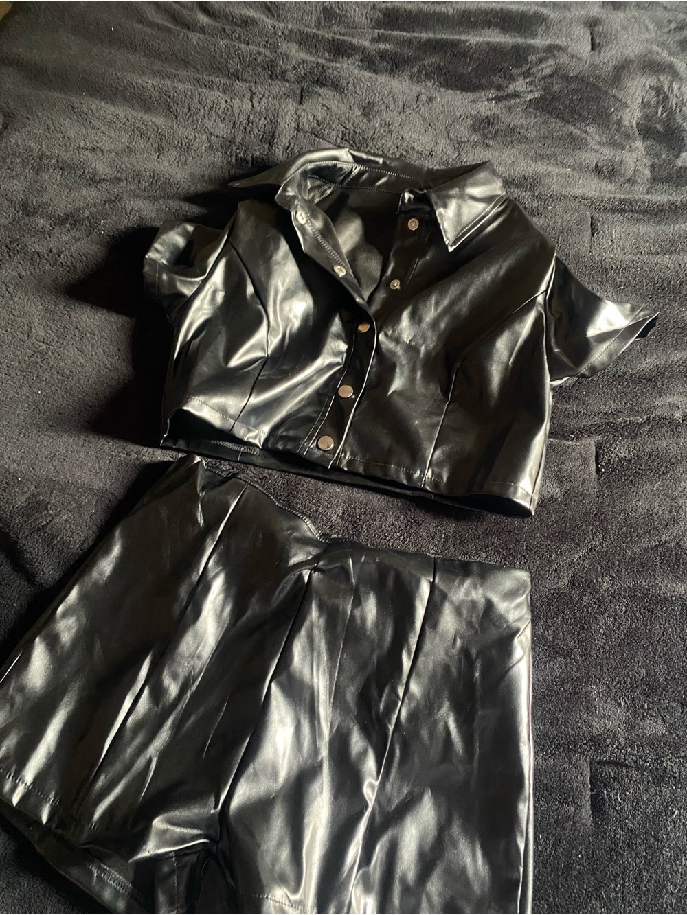Black Faux Leather High-Waist Shorts with Cropped Collared Top